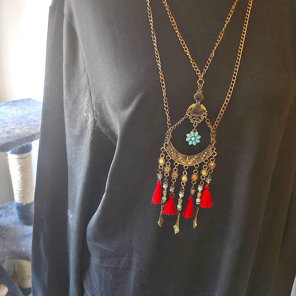 Bohemian Red and Gold Tassel Necklace